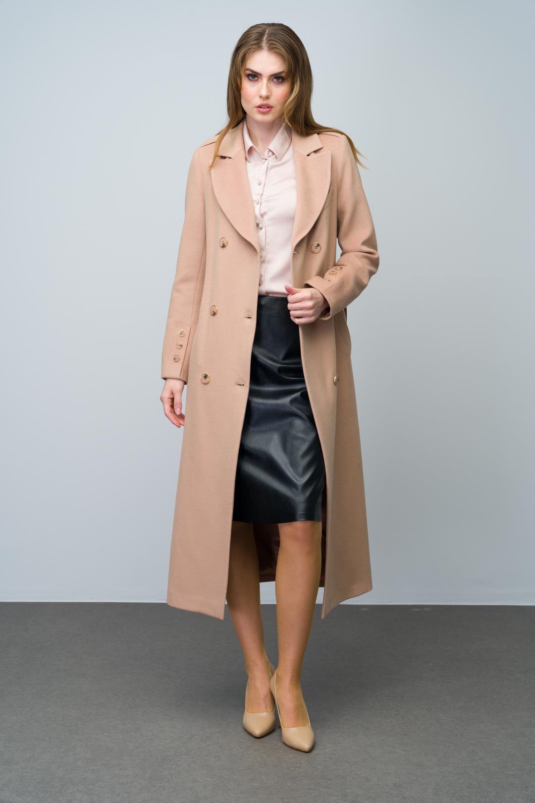 Double-Breasted Mid-Length Coat with Epaulette and Polo Pocket Details CAMEL 3009