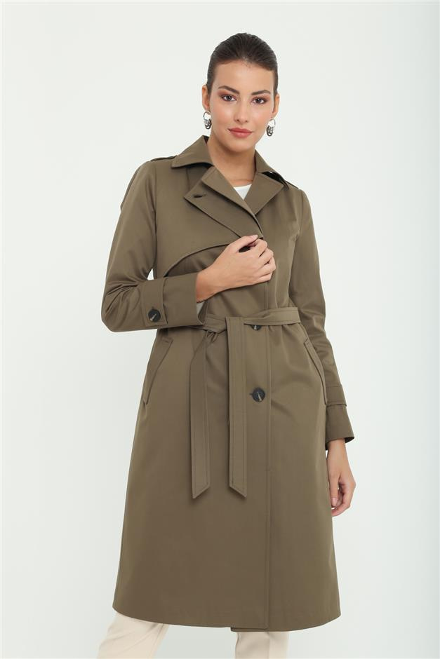 Apoletli Astarlı Pelerin Detaylı Su İtici Özellkli Trençkot HAKİ 6152