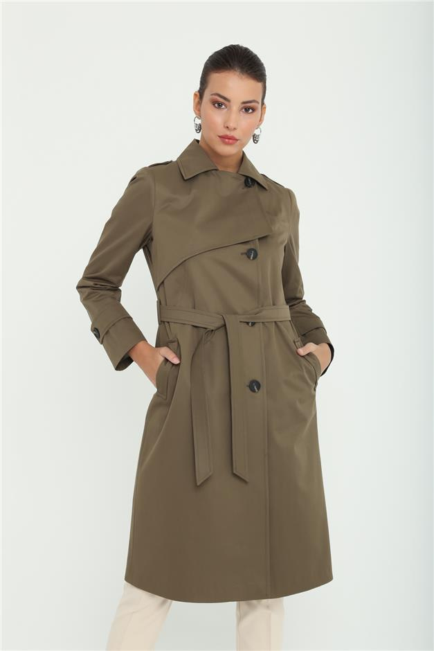 Apoletli Astarlı Pelerin Detaylı Su İtici Özellkli Trençkot HAKİ 6152