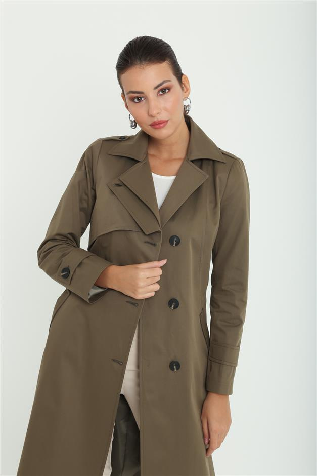 Apoletli Astarlı Pelerin Detaylı Su İtici Özellkli Trençkot HAKİ 6152