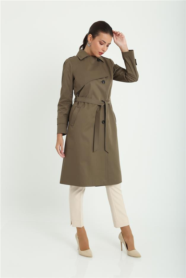 Apoletli Astarlı Pelerin Detaylı Su İtici Özellkli Trençkot HAKİ 6152