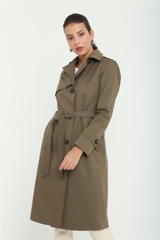 Apoletli Astarlı Pelerin Detaylı Su İtici Özellkli Trençkot HAKİ 6152