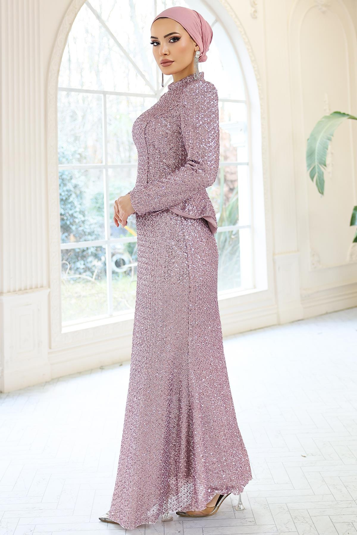 Arkası Bağcık Detaylı Payet Tesettür Abiye Elbise LİLA 1059
