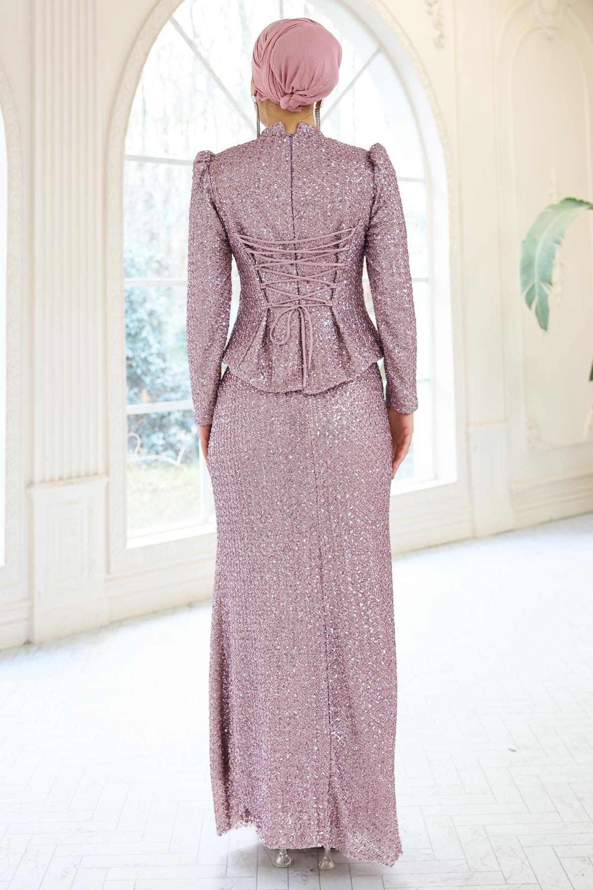 Arkası Bağcık Detaylı Payet Tesettür Abiye Elbise LİLA 1059