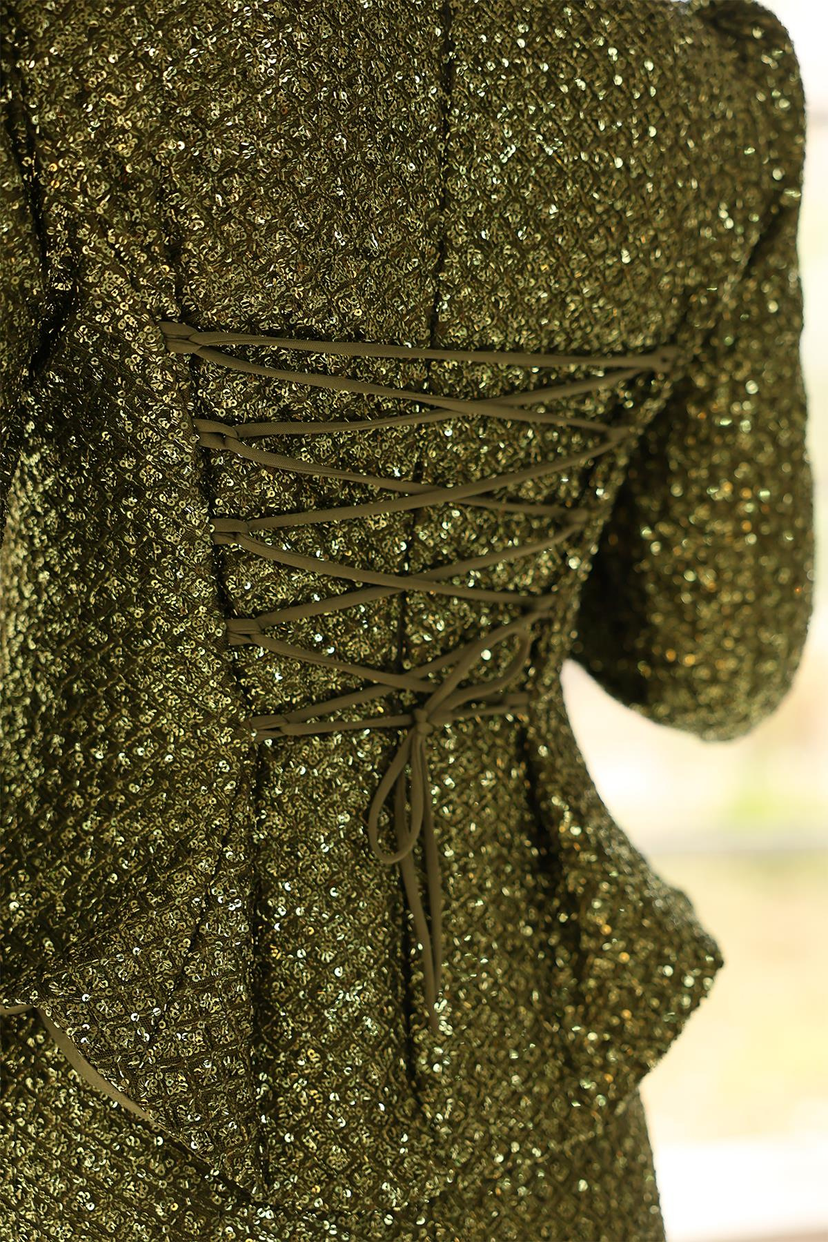 Arkası Bağcık Detaylı Payet Tesettür Abiye Elbise YEŞİL 1059