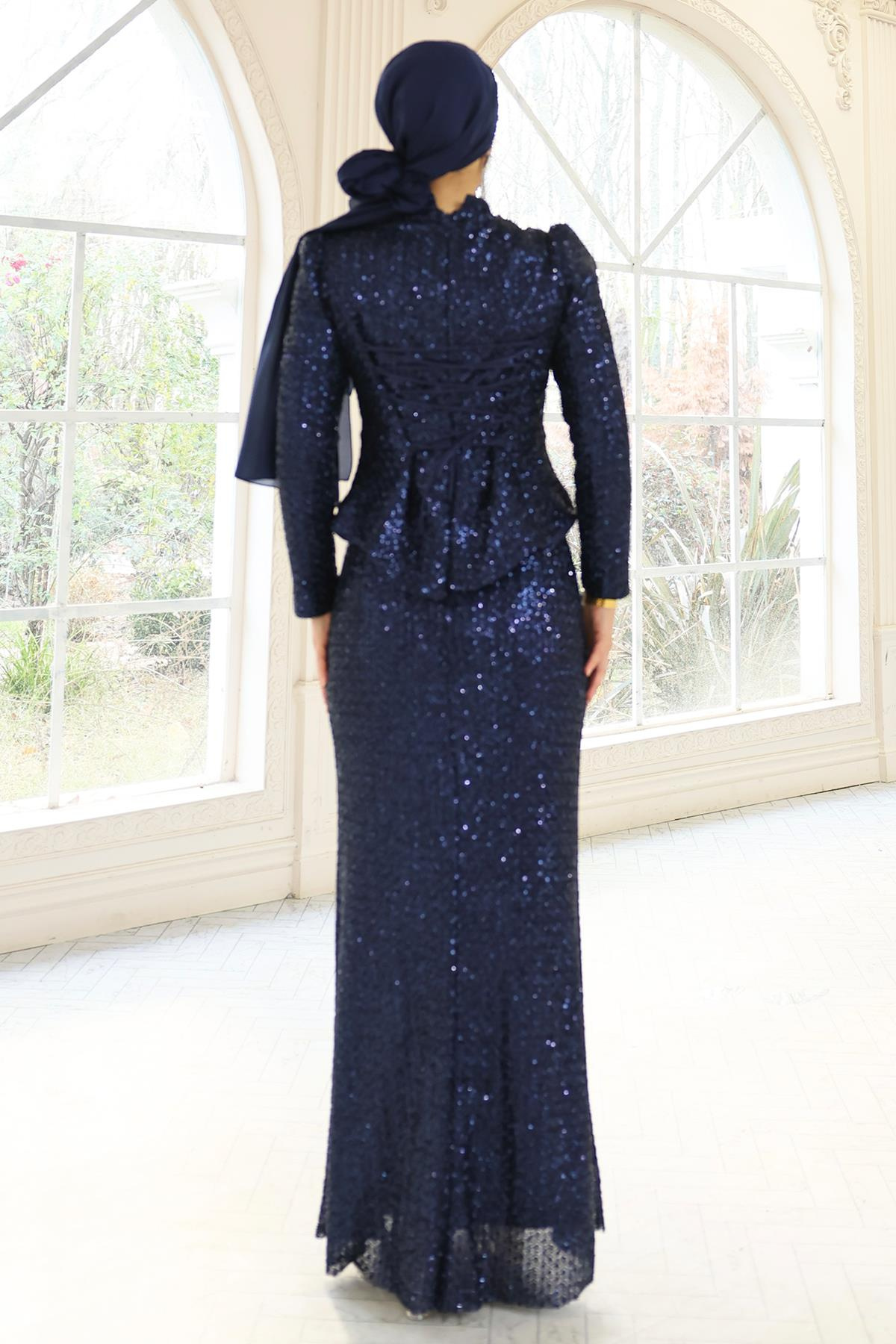 Arkası Bağcık Detaylı Payet Tesettür Abiye Elbise LACİVERT 1059