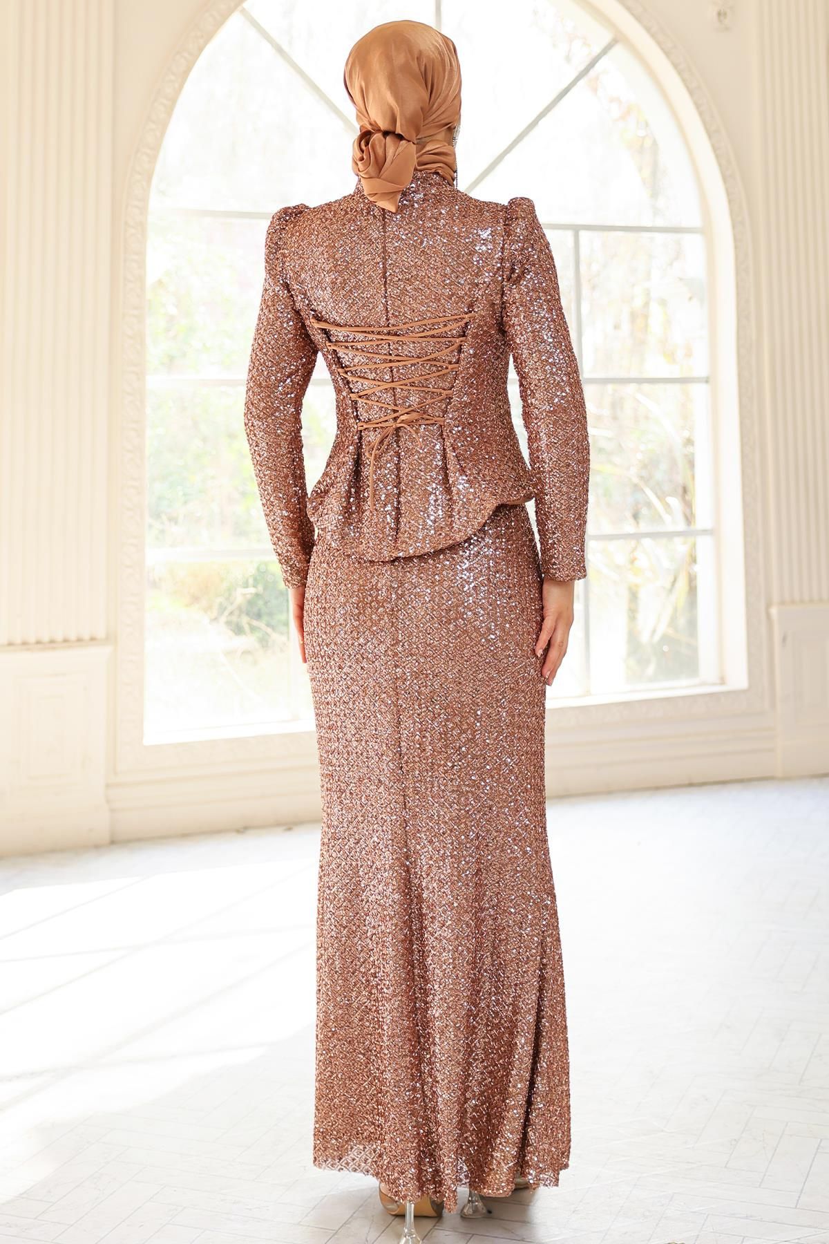 Arkası Bağcık Detaylı Payet Tesettür Abiye Elbise BAKIR 1059