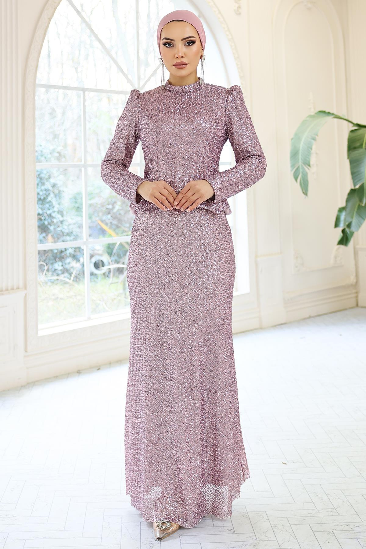 Arkası Bağcık Detaylı Payet Tesettür Abiye Elbise LİLA 1059