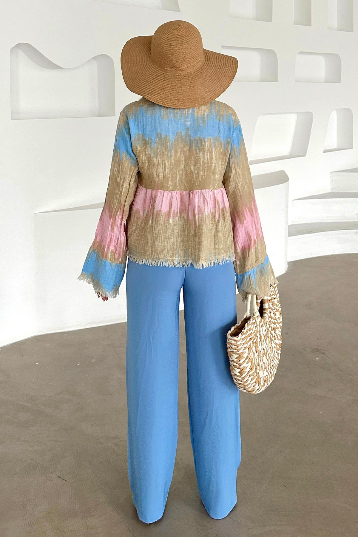 Arkası Lastikli Pileli Palazzo Pantolon MAVİ 7584