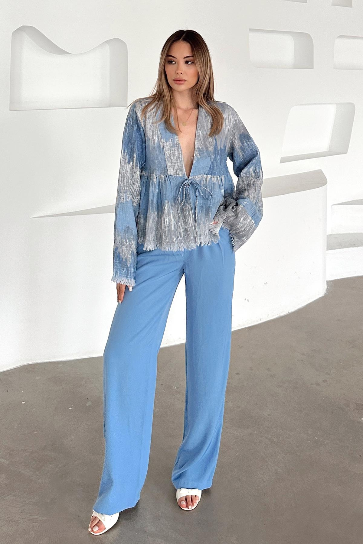 Arkası Lastikli Pileli Palazzo Pantolon MAVİ 7584