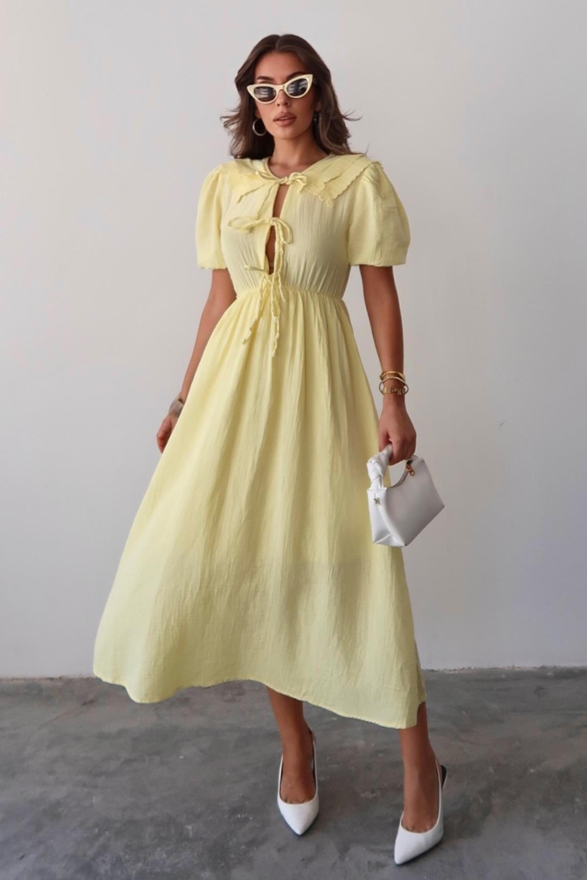 Bağcık Detaylı Beli Büzgülü Müslin Elbise SARI 9362-E