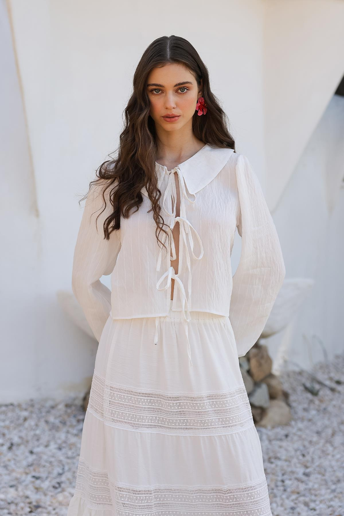 Crop Shirt with Lace Detail WHITE 9314