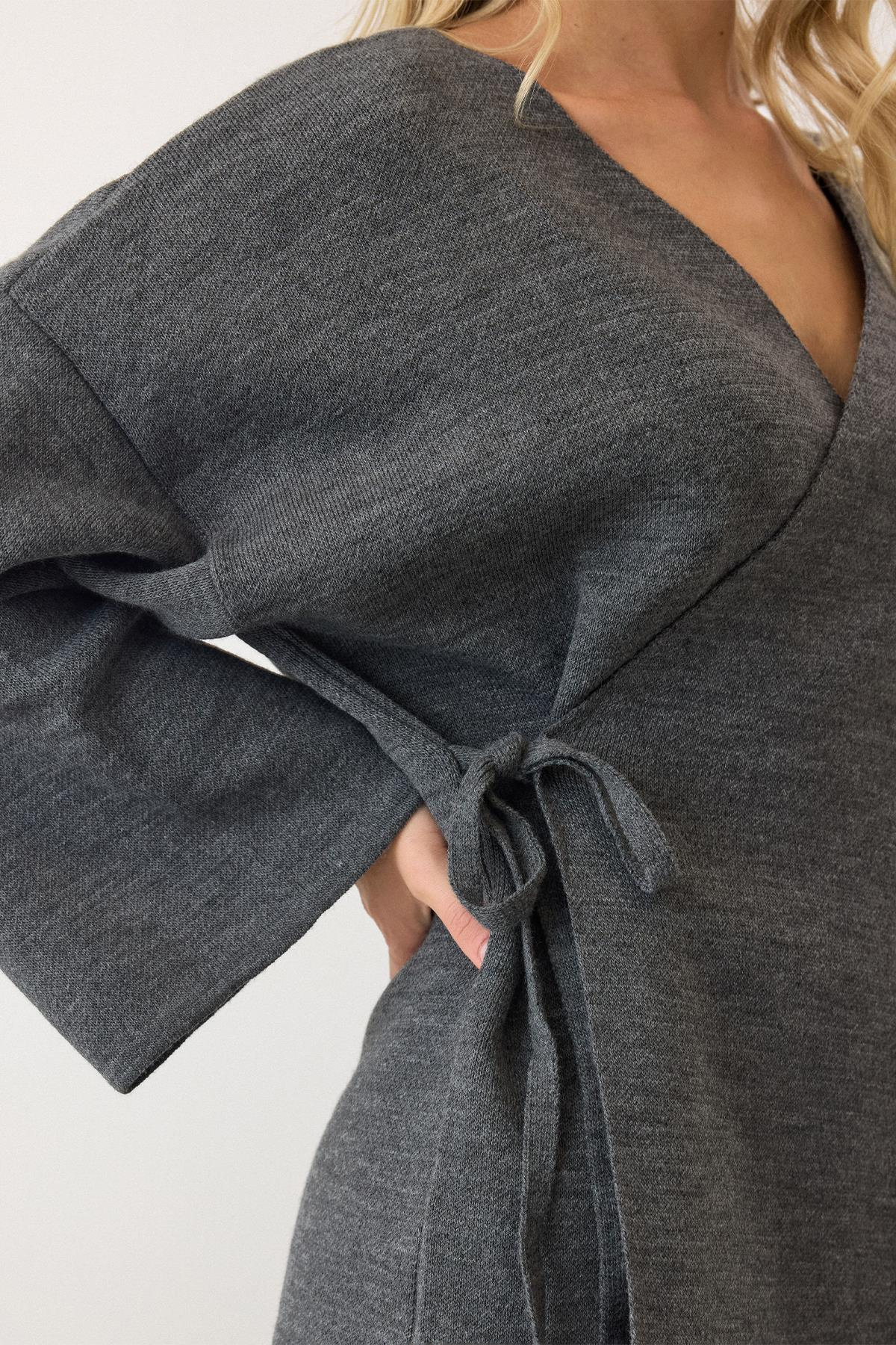 Bağcık Kapamalı Kimono Pantolon Triko Takım ANTRASİT 9364-TK