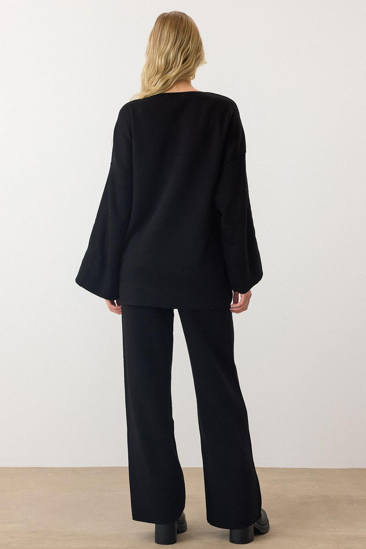 Bağcık Kapamalı Kimono Pantolon Triko Takım SİYAH 9364-TK
