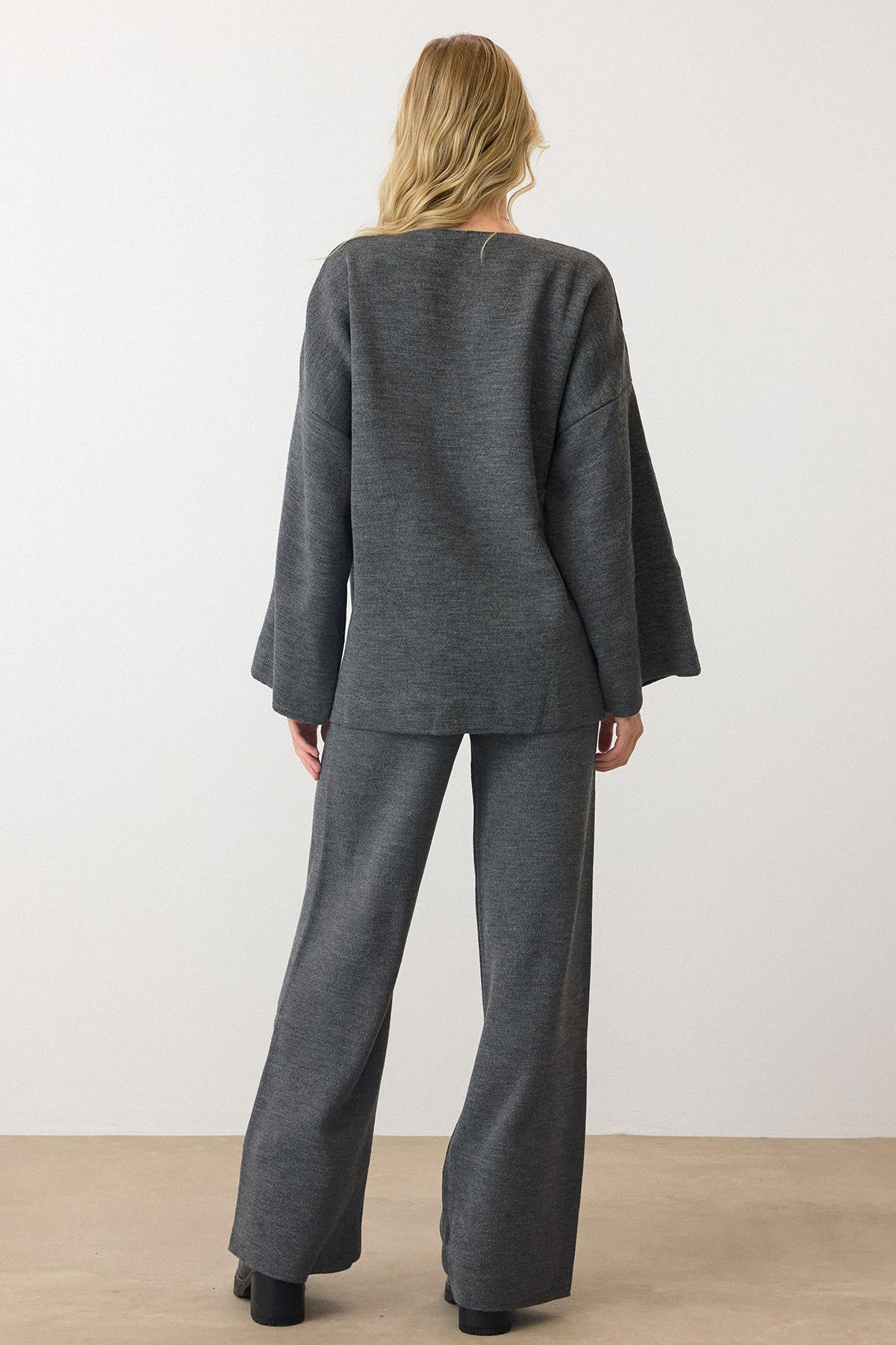 Bağcık Kapamalı Kimono Pantolon Triko Takım ANTRASİT 9364-TK