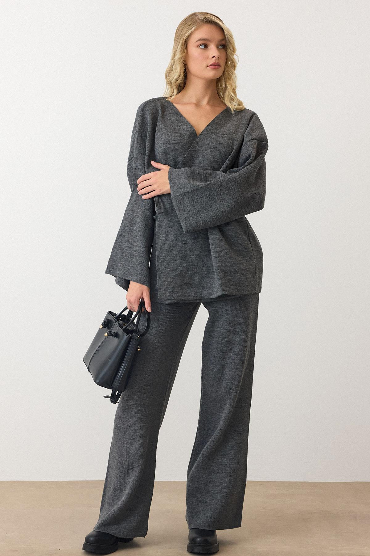 Bağcık Kapamalı Kimono Pantolon Triko Takım ANTRASİT 9364-TK