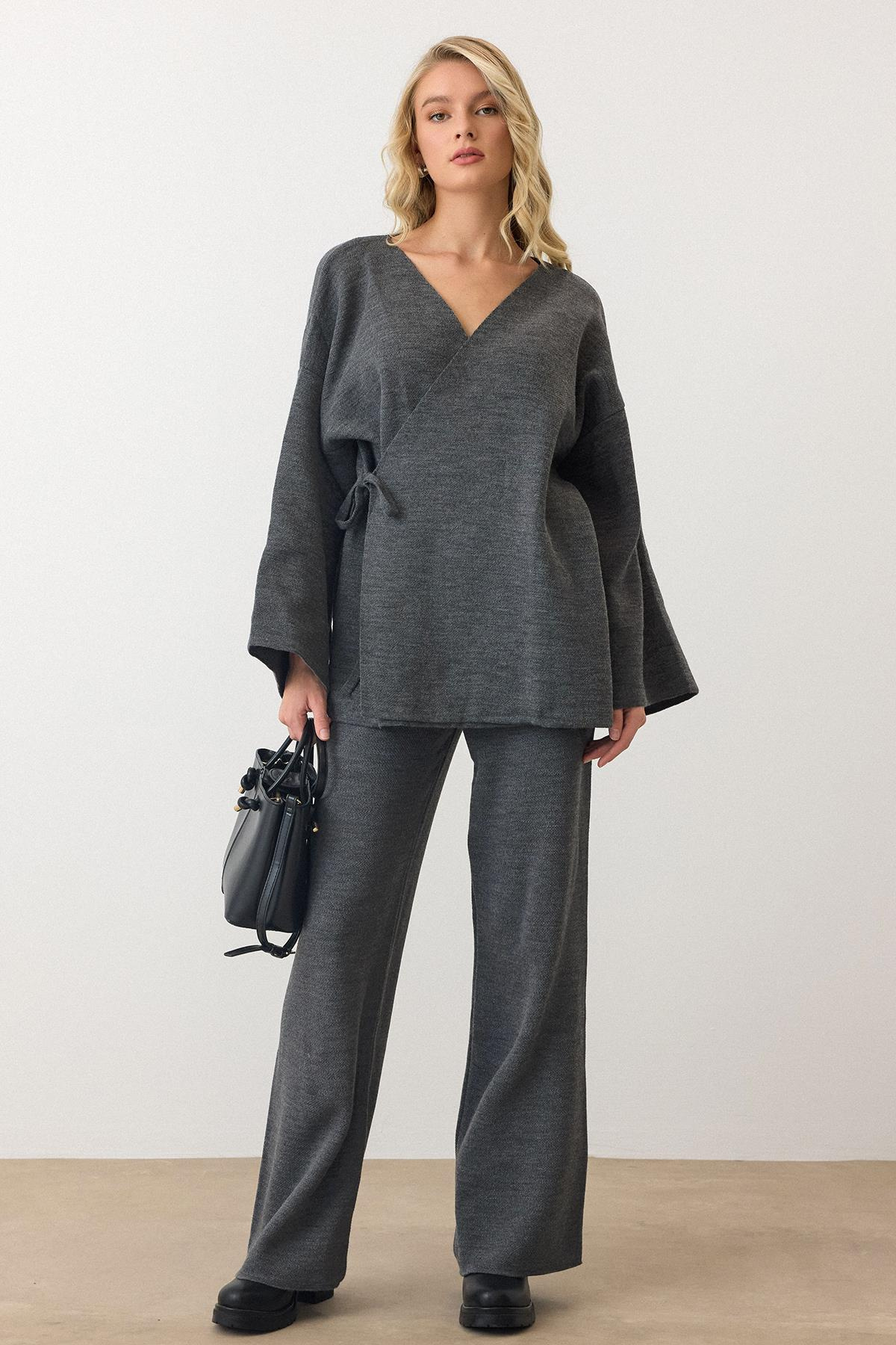 Bağcık Kapamalı Kimono Pantolon Triko Takım ANTRASİT 9364-TK