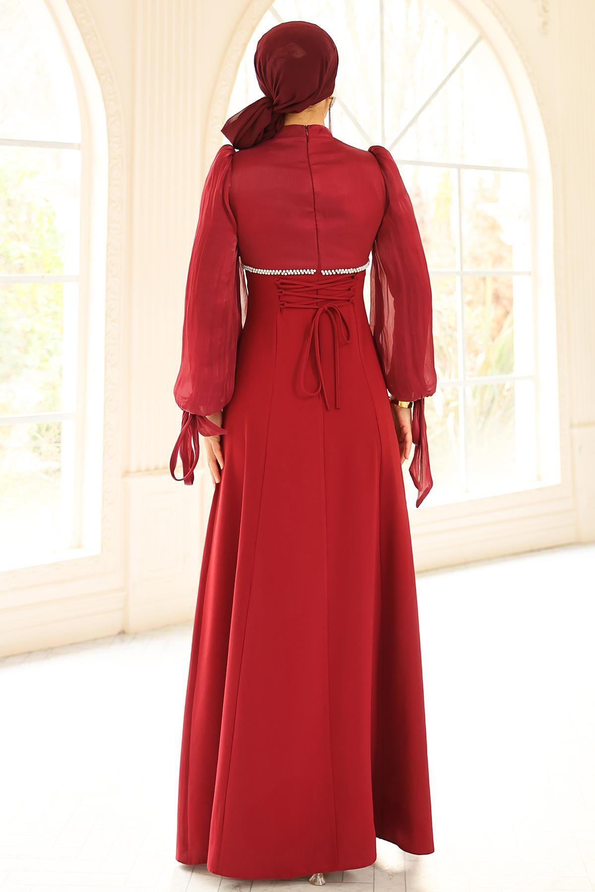 Bağcık ve İnci Detaylı Yoryo İpek Krep Kombinli Tesettür Abiye Elbise BORDO 1685