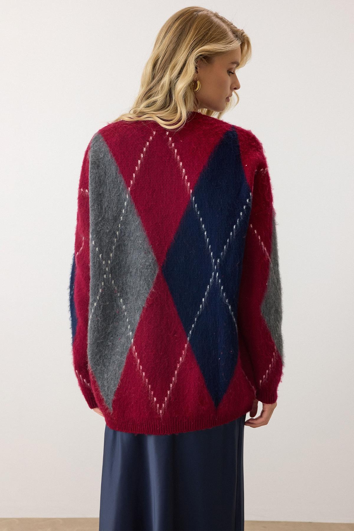 Baklava Desen Oversize Triko Kazak BORDO 8272