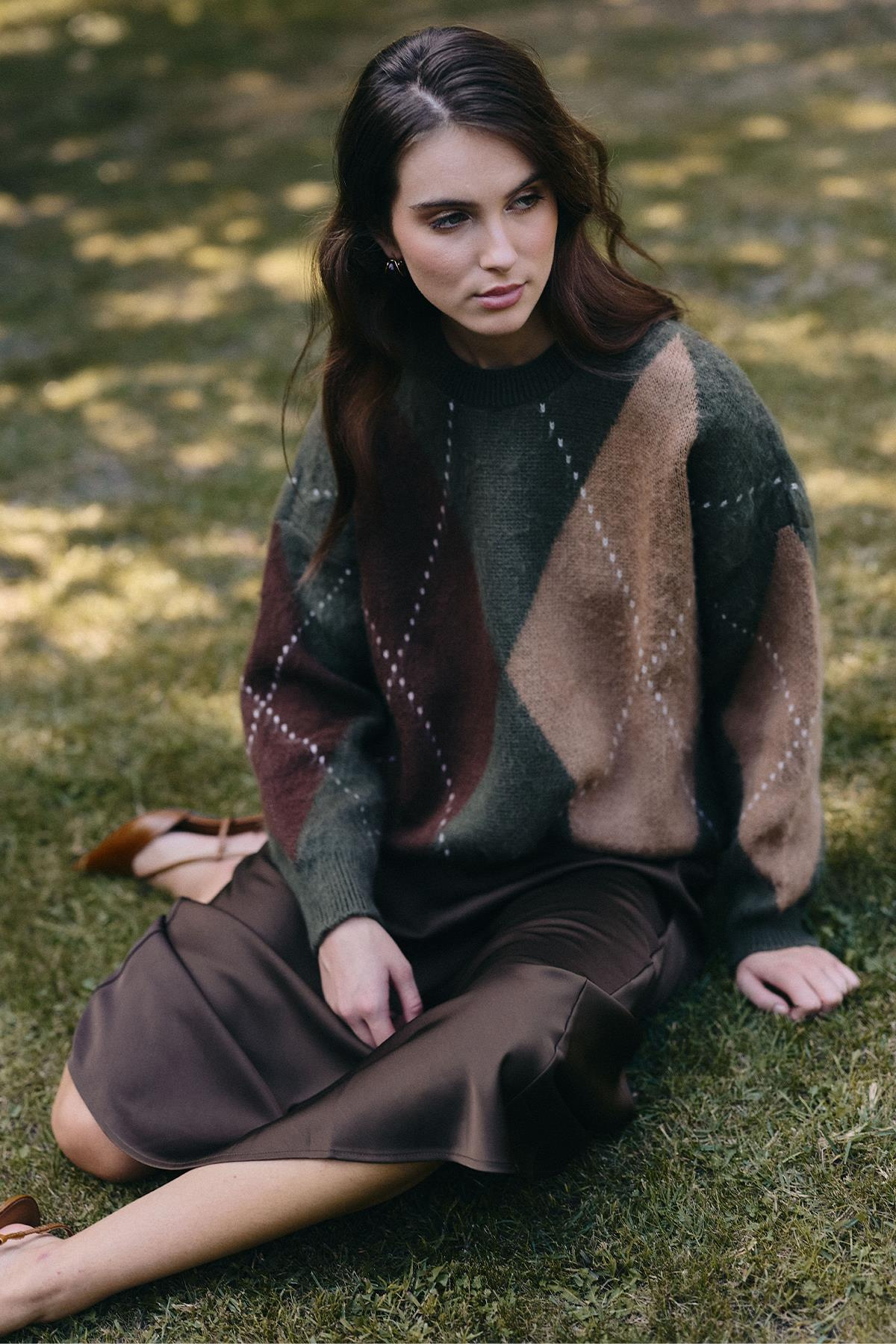 Baklava Desen Oversize Triko Kazak HAKİ 8272