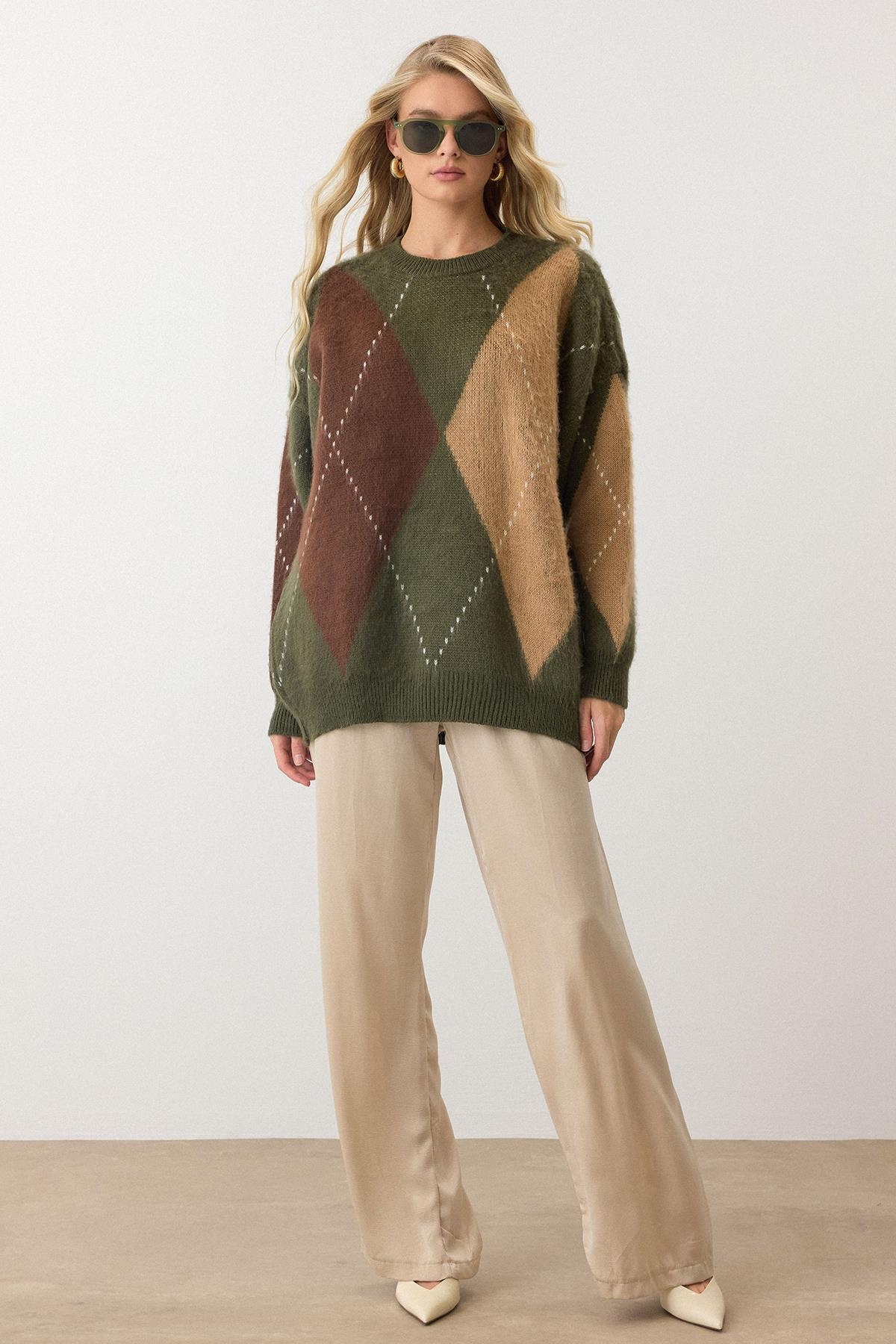 Baklava Desen Oversize Triko Kazak HAKİ 8272