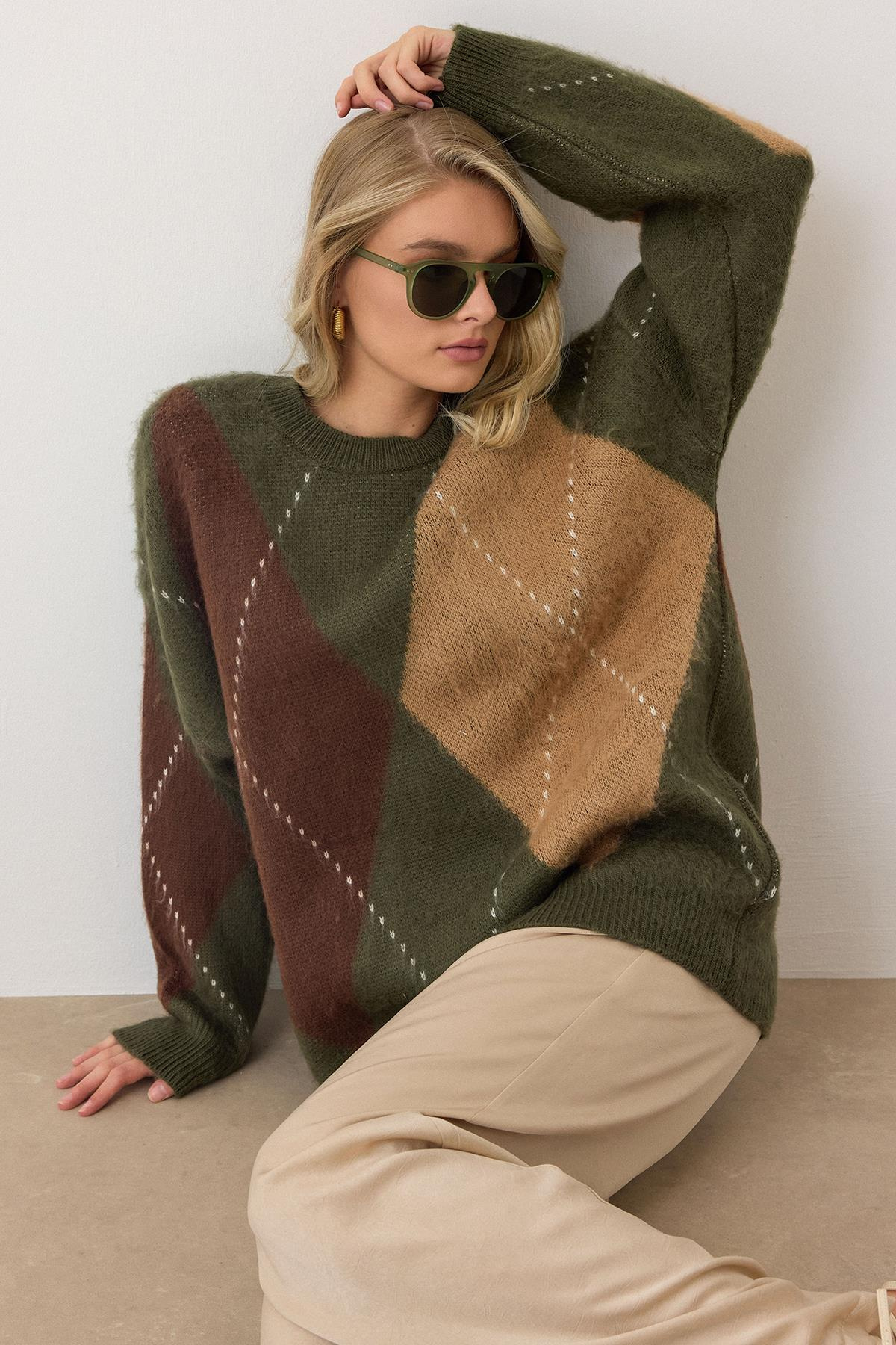 Baklava Desen Oversize Triko Kazak HAKİ 8272