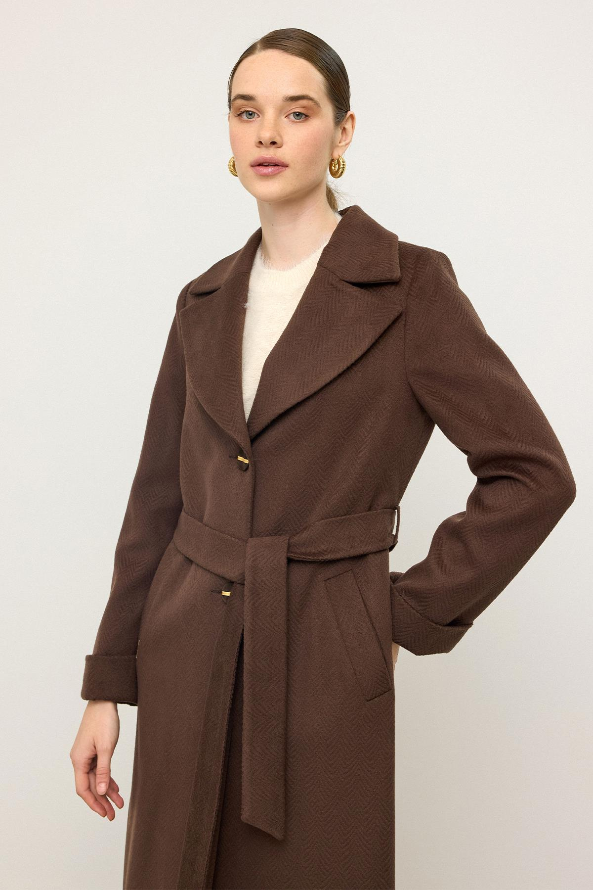 Balıksırtı Jakar Desenli Belden Bağlamalı Limited Edition Kaban KAHVE 3136