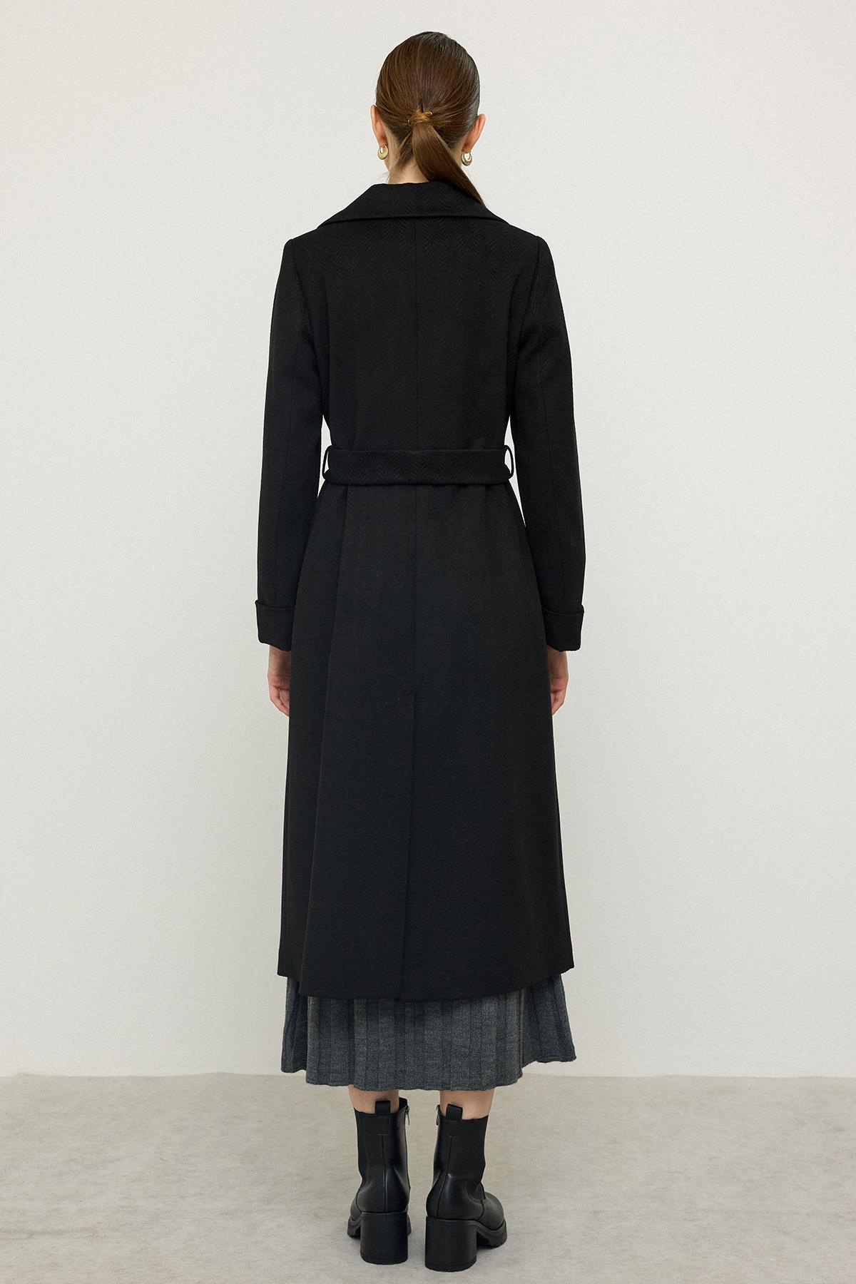 Balıksırtı Jakar Desenli Belden Bağlamalı Limited Edition Kaban SİYAH 3136