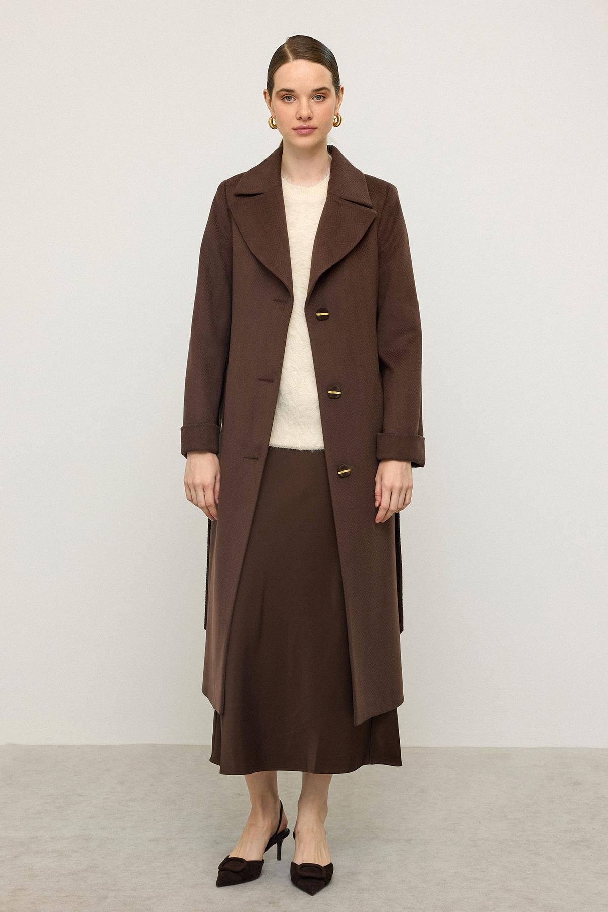 Balıksırtı Jakar Desenli Belden Bağlamalı Limited Edition Kaban KAHVE 3136