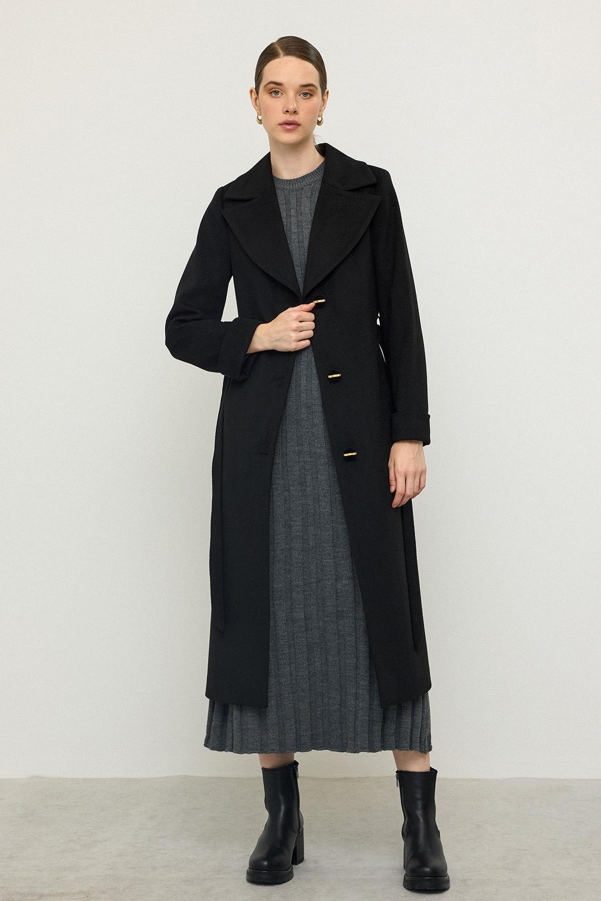 Balıksırtı Jakar Desenli Belden Bağlamalı Limited Edition Kaban SİYAH 3136