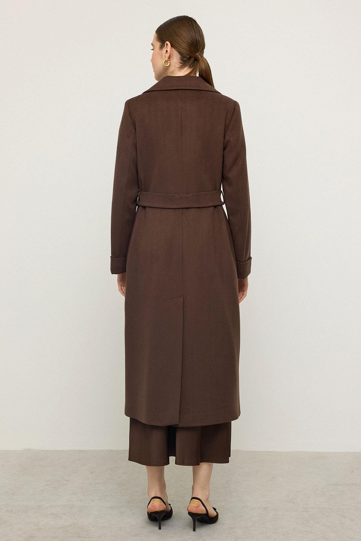 Balıksırtı Jakar Desenli Belden Bağlamalı Limited Edition Kaban KAHVE 3136