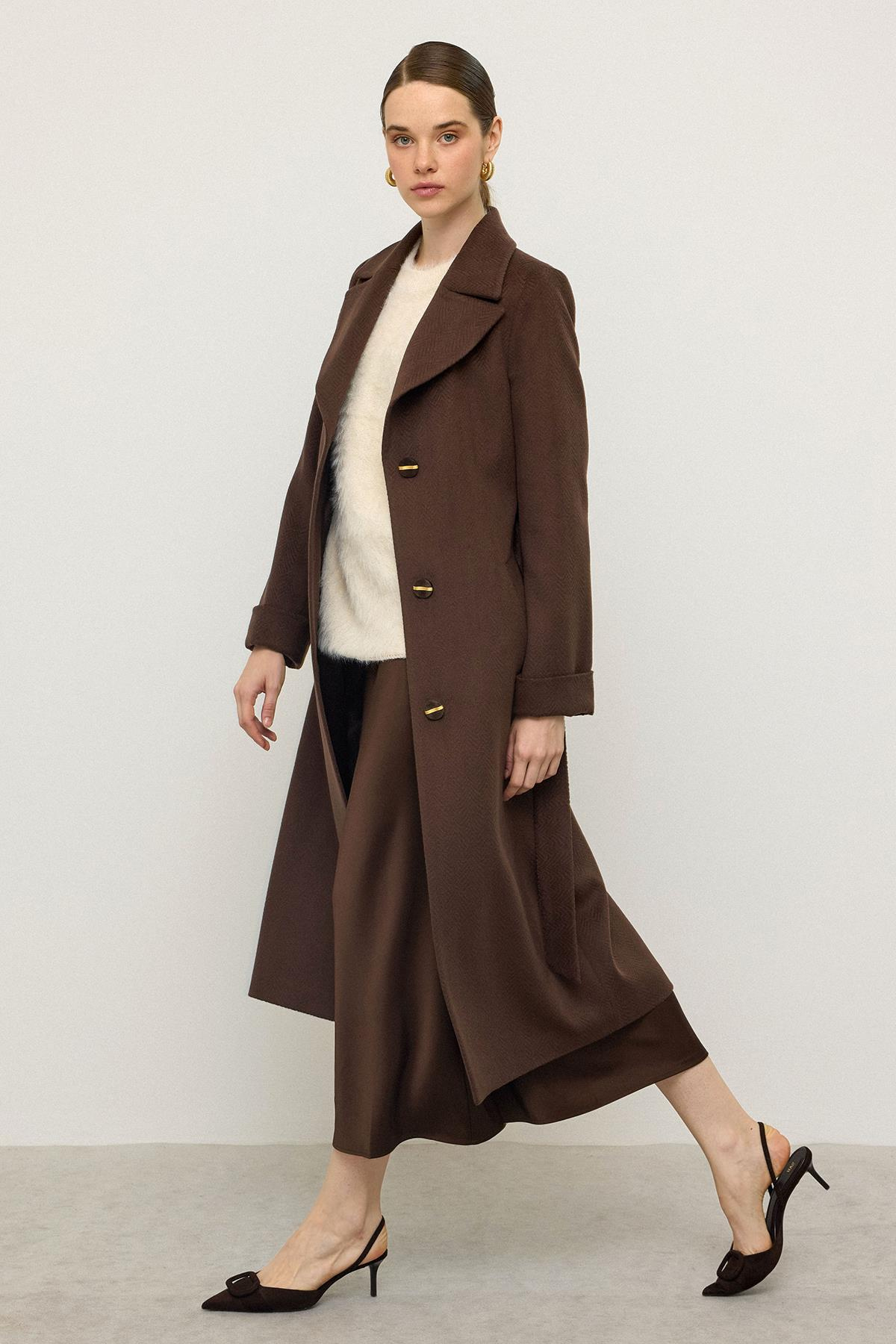 Balıksırtı Jakar Desenli Belden Bağlamalı Limited Edition Kaban KAHVE 3136