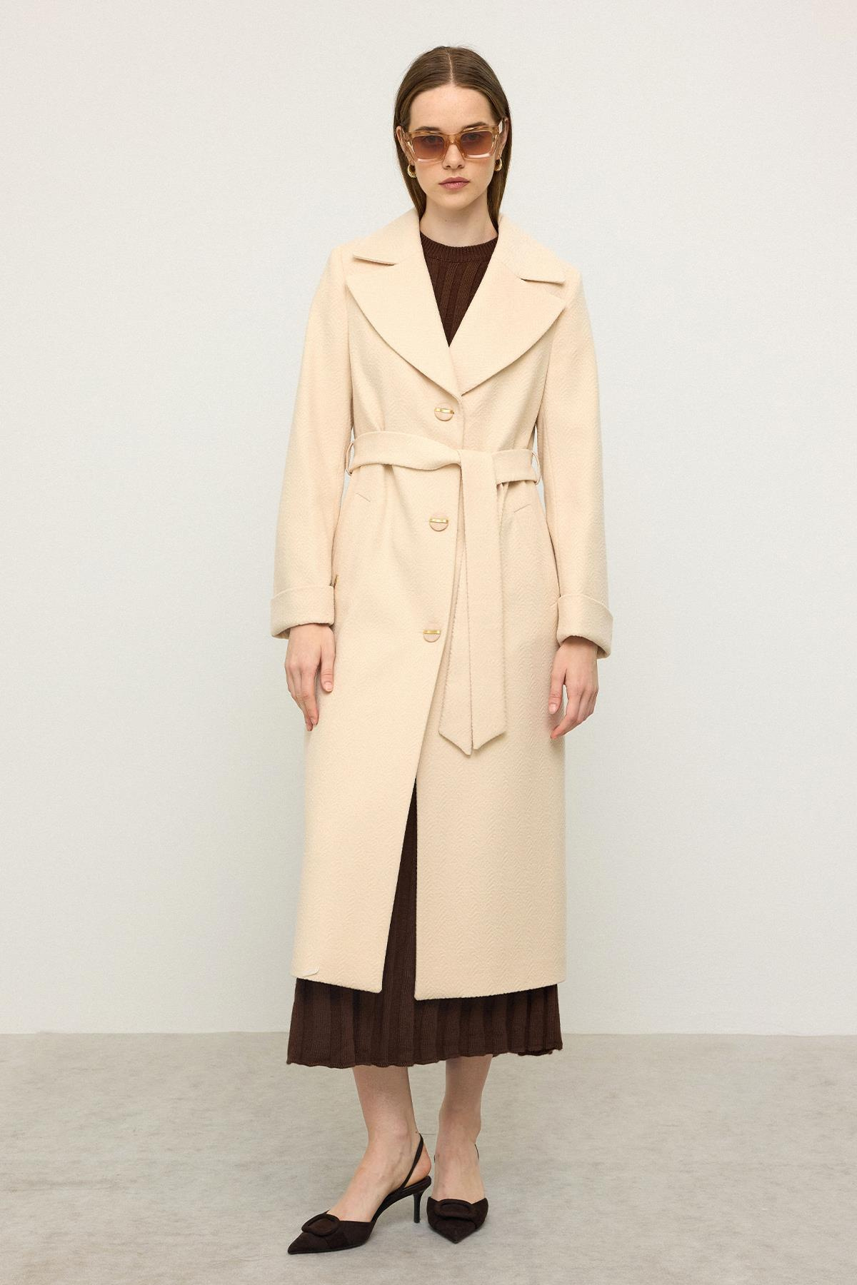 Balıksırtı Jakar Desenli Belden Bağlamalı Limited Edition Kaban KREM 3136