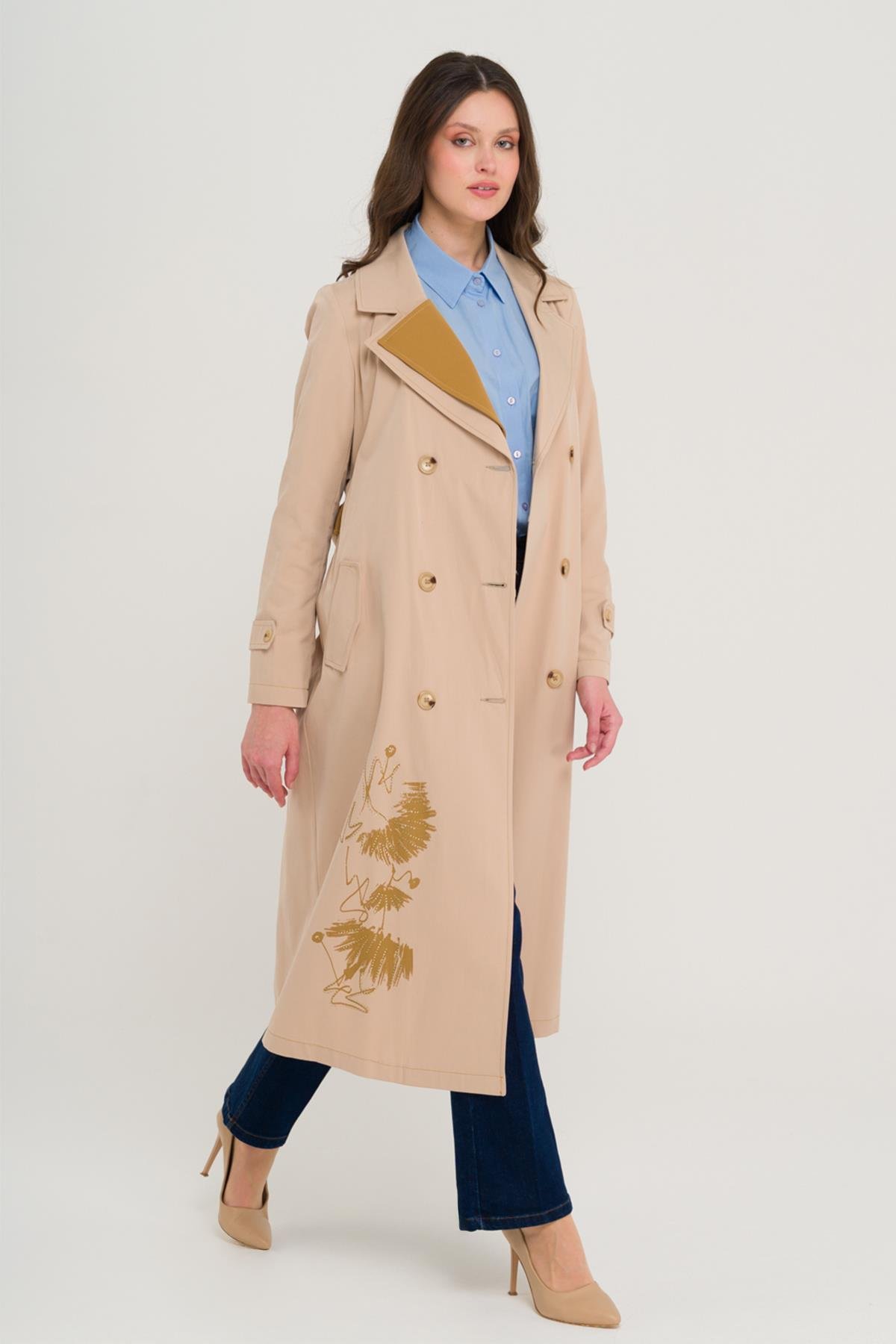 Printed and Stone Detailed Garnished Unlined Trench Coat IVORY 6694