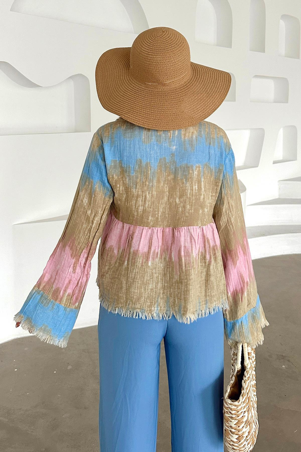 Batik Desen Püskül Detaylı Bağcık Kapamalı Gömlek PEMBE 9358