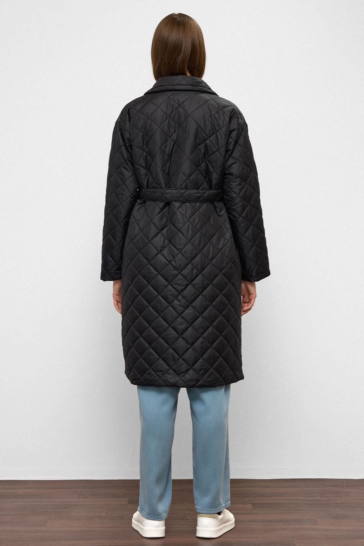 Belden Bağlamalı Çıt Çıt Kapamalı Kruvaze Kapitone Mont SİYAH 6786