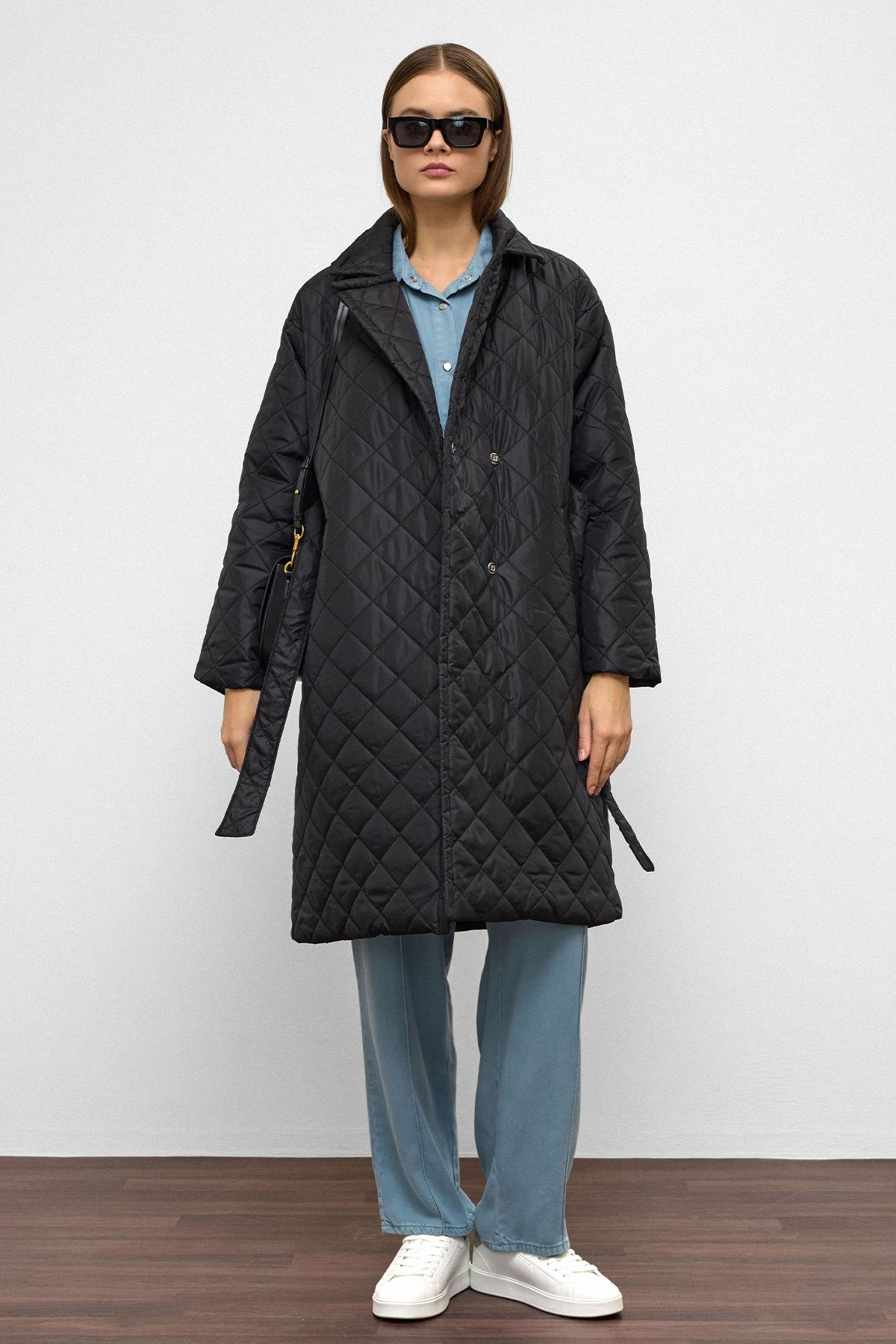 Belden Bağlamalı Çıt Çıt Kapamalı Kruvaze Kapitone Mont SİYAH 6786