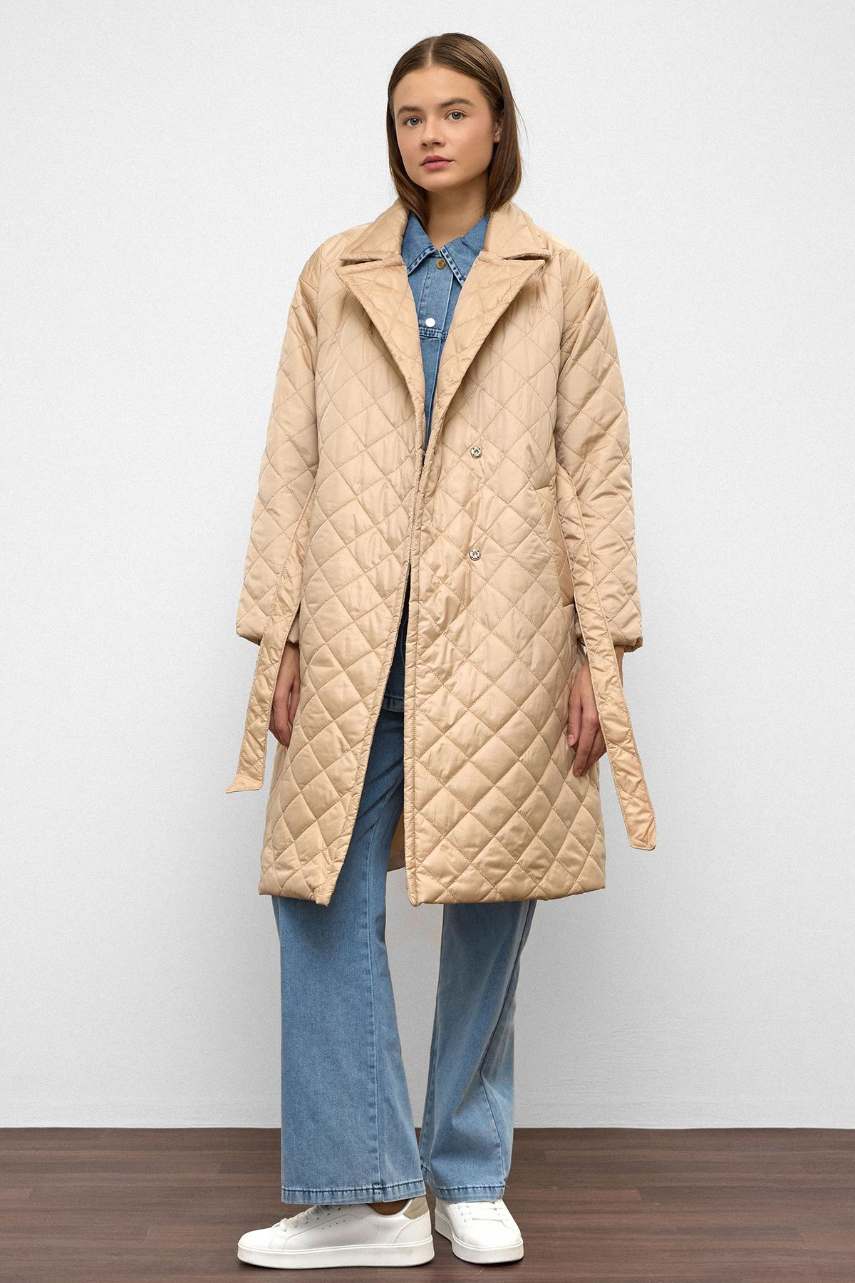 Belden Bağlamalı Çıt Çıt Kapamalı Kruvaze Kapitone Mont TAŞ 6786