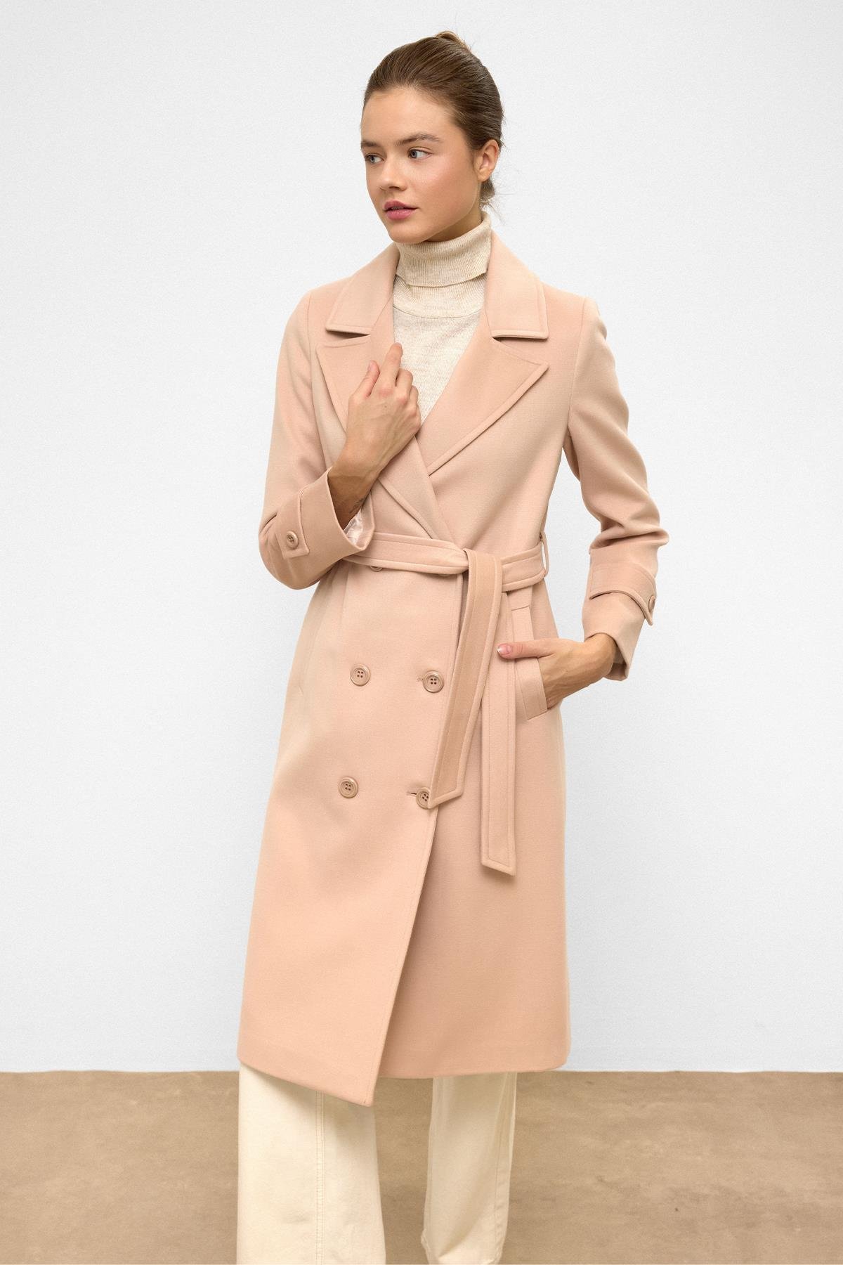 Belden Bağlamalı Kruvaze Ara Boy Kaban PUDRA 3987-Y