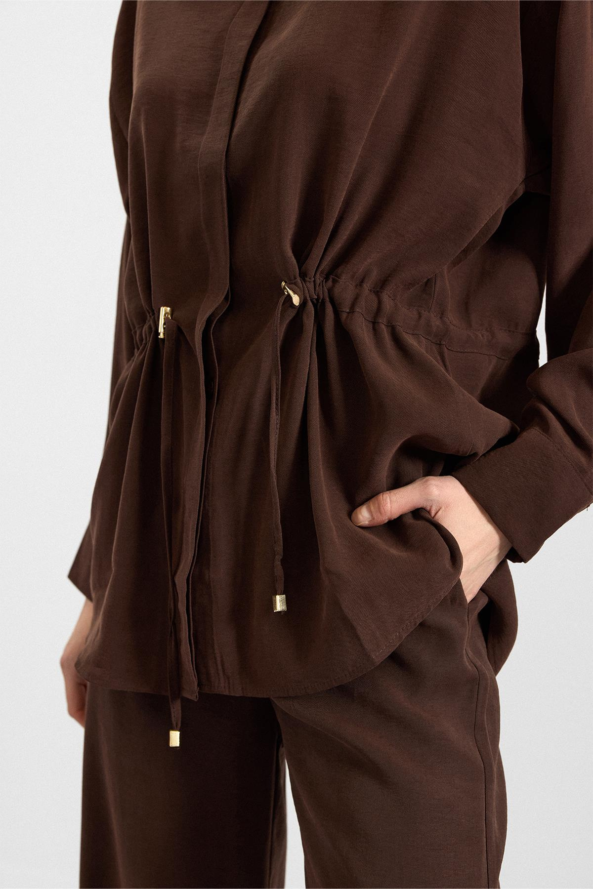 Belden Büzgülü Salaş Model Gömlek KAHVE 9413