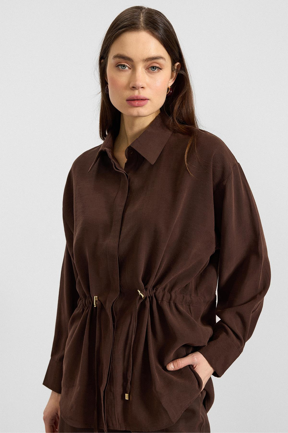 Belden Büzgülü Salaş Model Gömlek KAHVE 9413