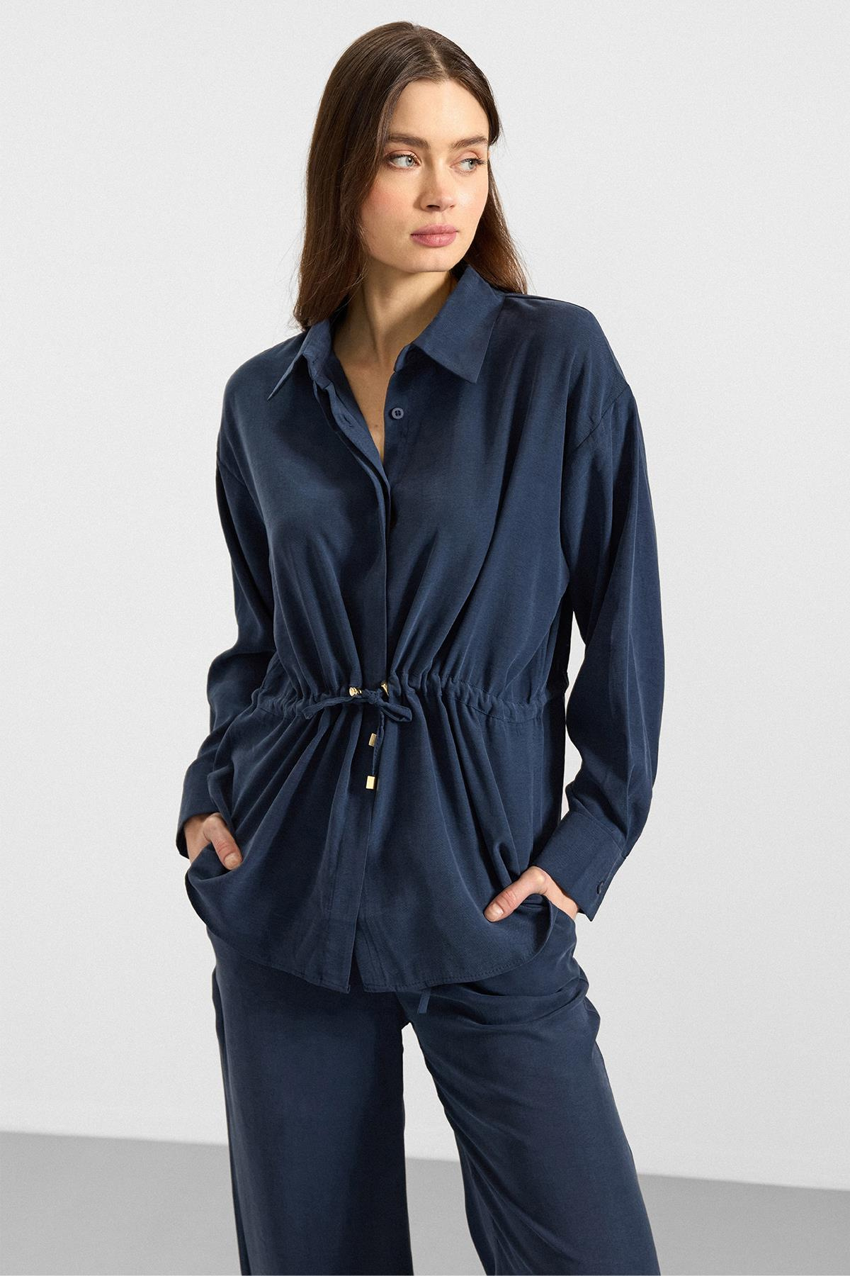 Belden Büzgülü Salaş Model Gömlek LACİVERT 9413