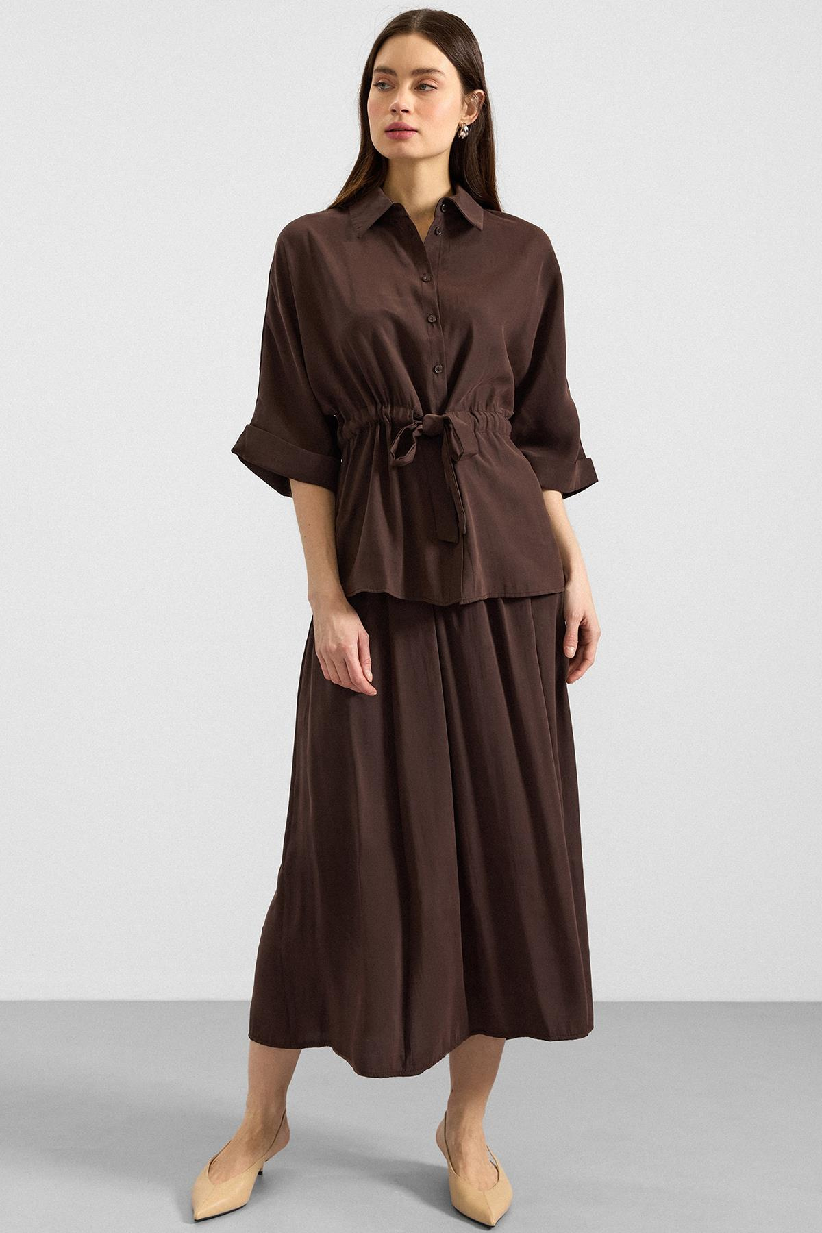 Belden Büzgülü Truvakar Kollu Modal Gömlek KAHVE 9409