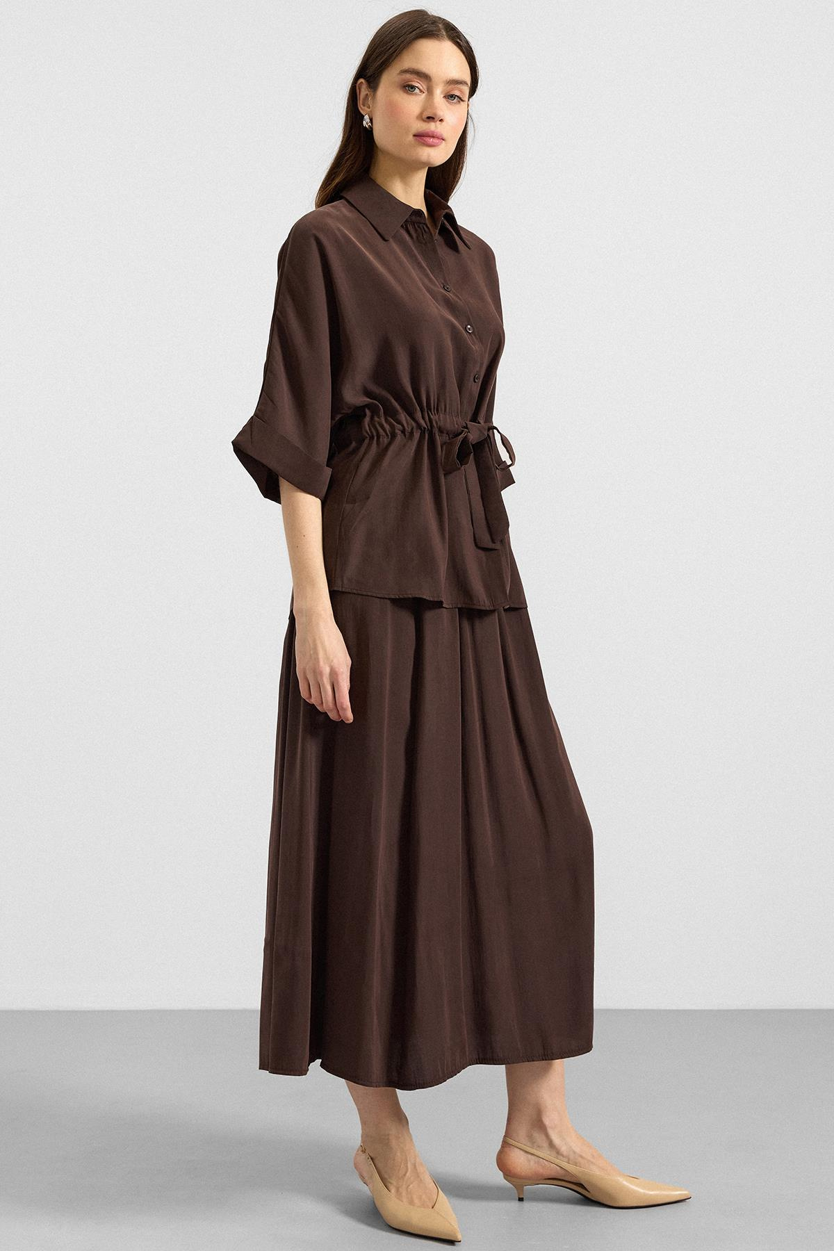 Belden Büzgülü Truvakar Kollu Modal Gömlek KAHVE 9409