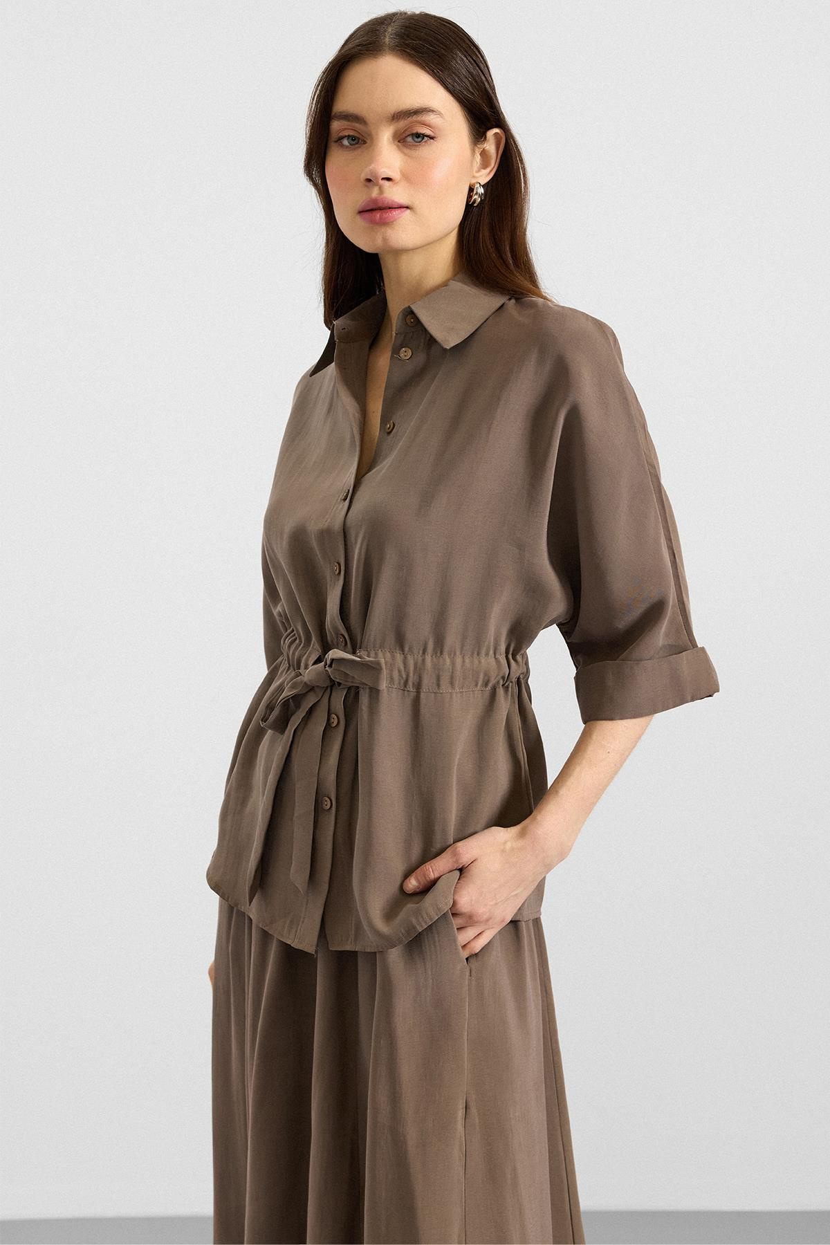 Belden Büzgülü Truvakar Kollu Modal Gömlek HAKİ 9409