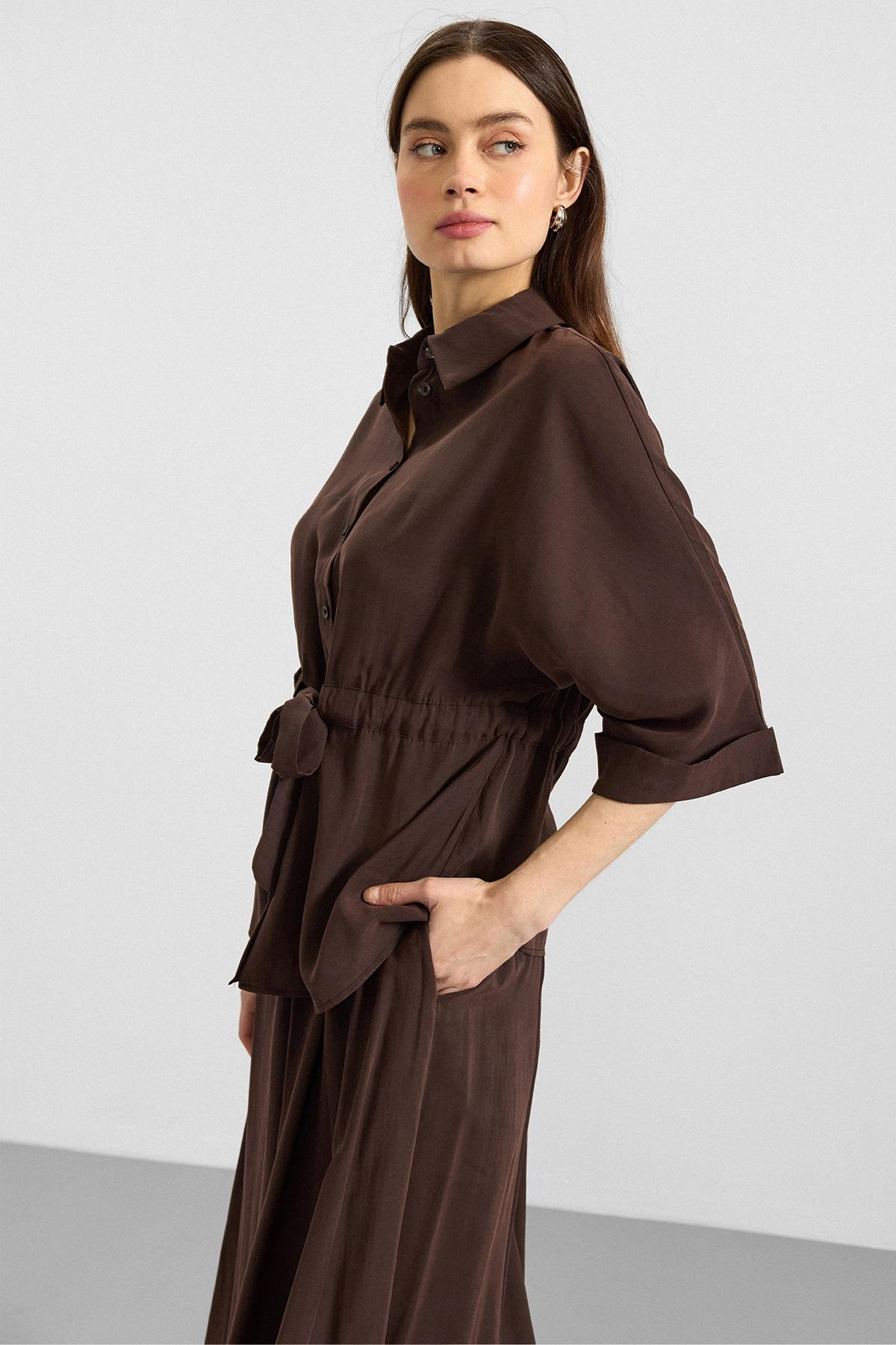 Belden Büzgülü Truvakar Kollu Modal Gömlek KAHVE 9409