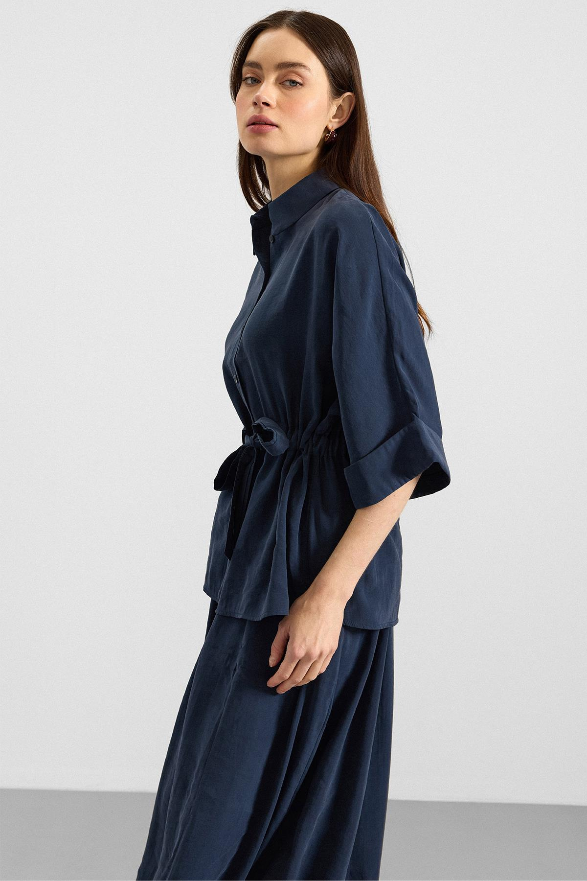 Belden Büzgülü Truvakar Kollu Modal Gömlek LACİVERT 9409