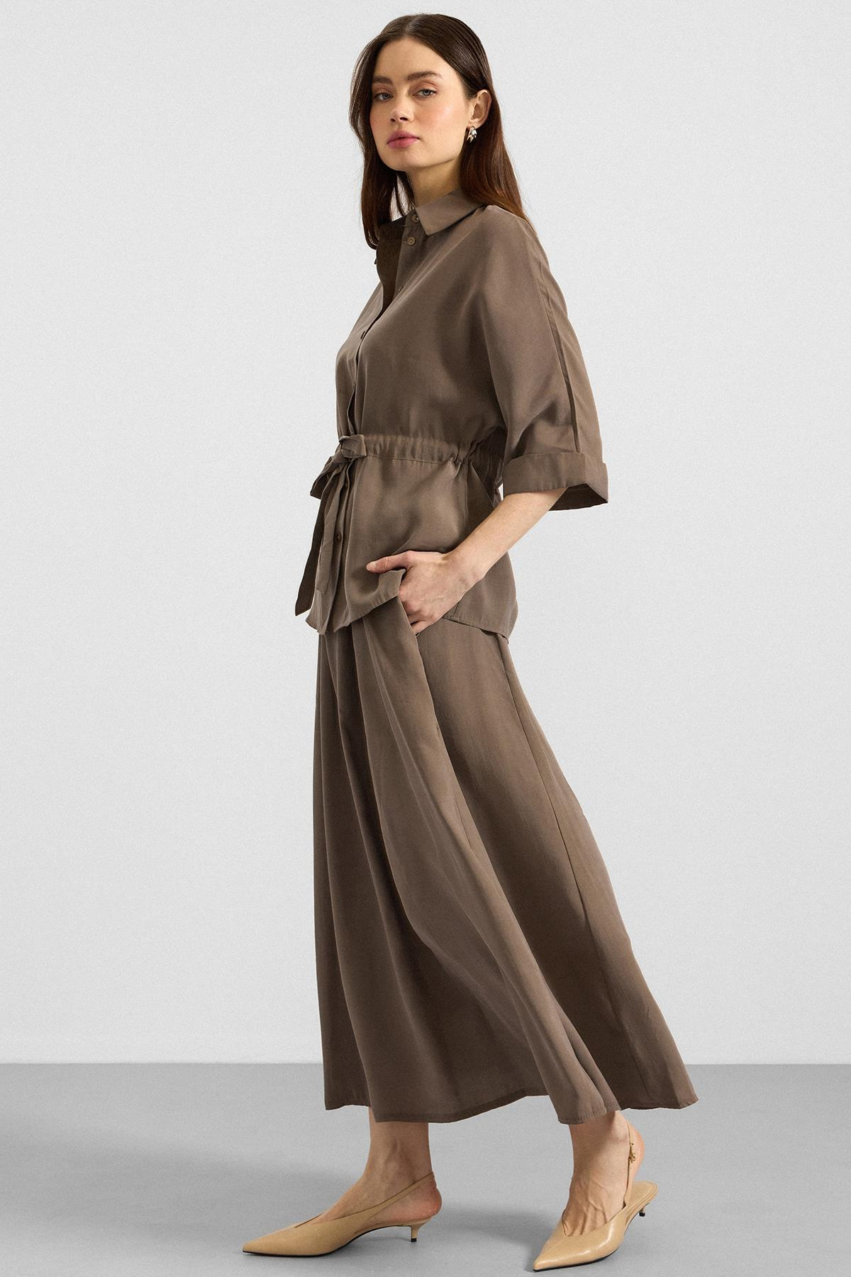 Belden Büzgülü Truvakar Kollu Modal Gömlek HAKİ 9409