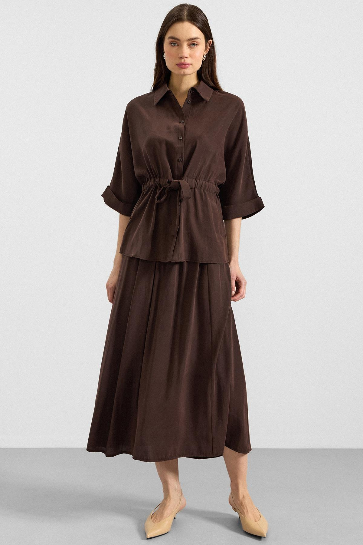 Belden Büzgülü Truvakar Kollu Modal Gömlek KAHVE 9409