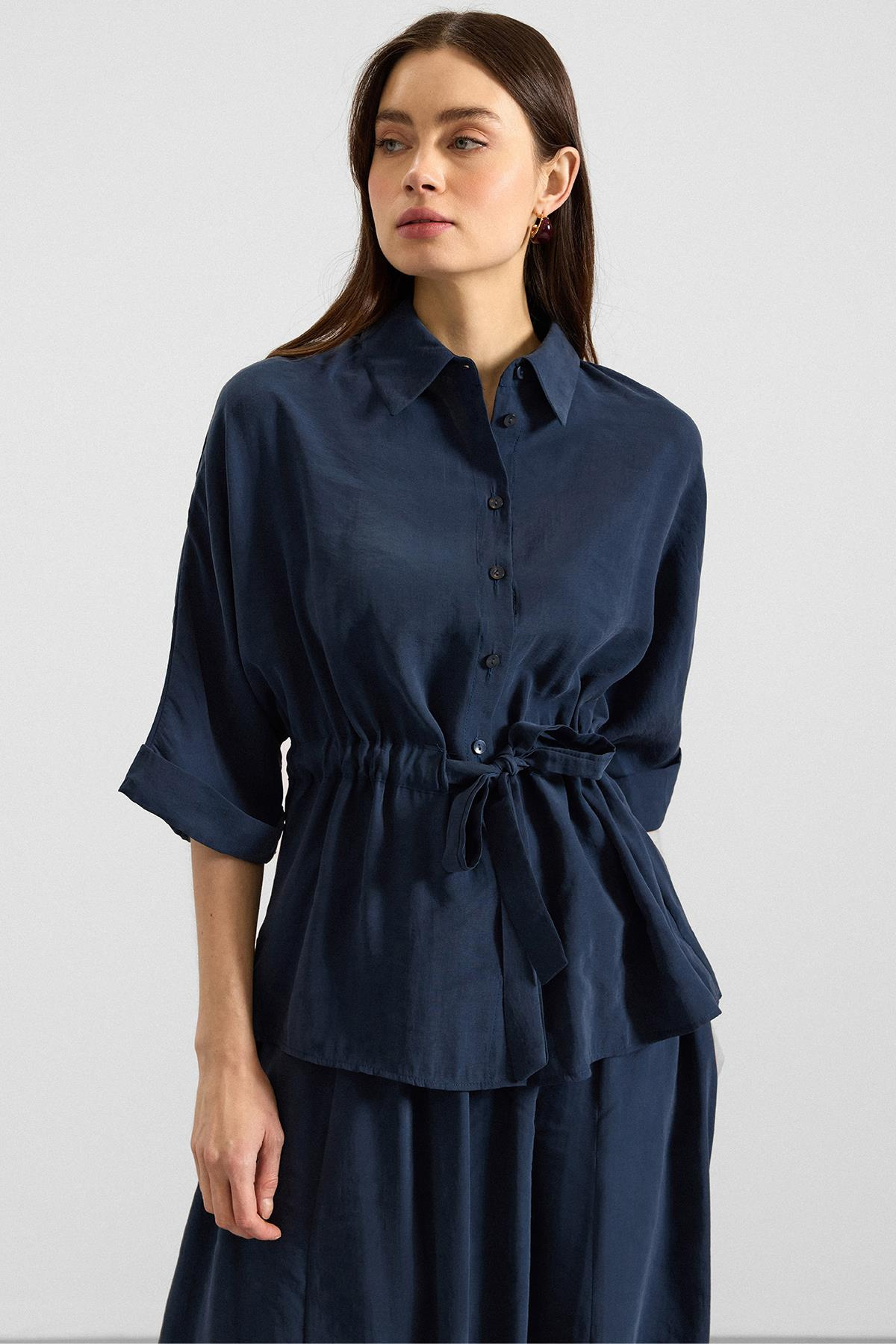 Belden Büzgülü Truvakar Kollu Modal Gömlek LACİVERT 9409